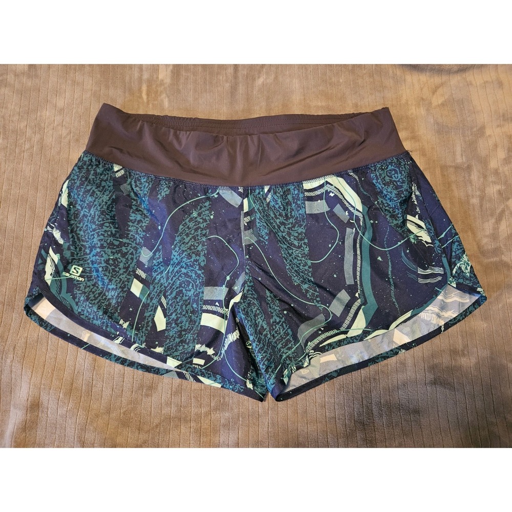 Salomon Womens AdvancedSkin ActiveDry Running Shorts Teal Blue Abstract Size L